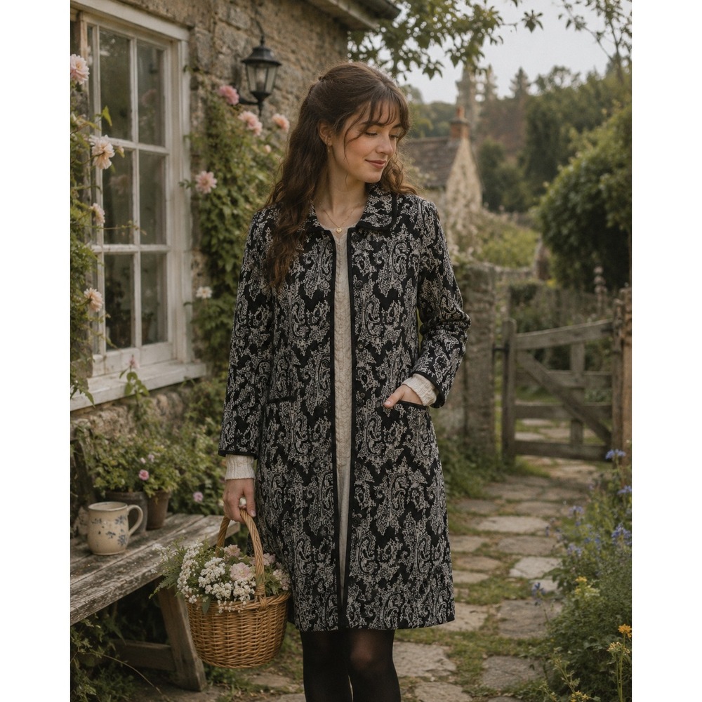 Cambridge Dry Goods Petite Black White 100% Wool Paisley Knit Cardigan Coat PS